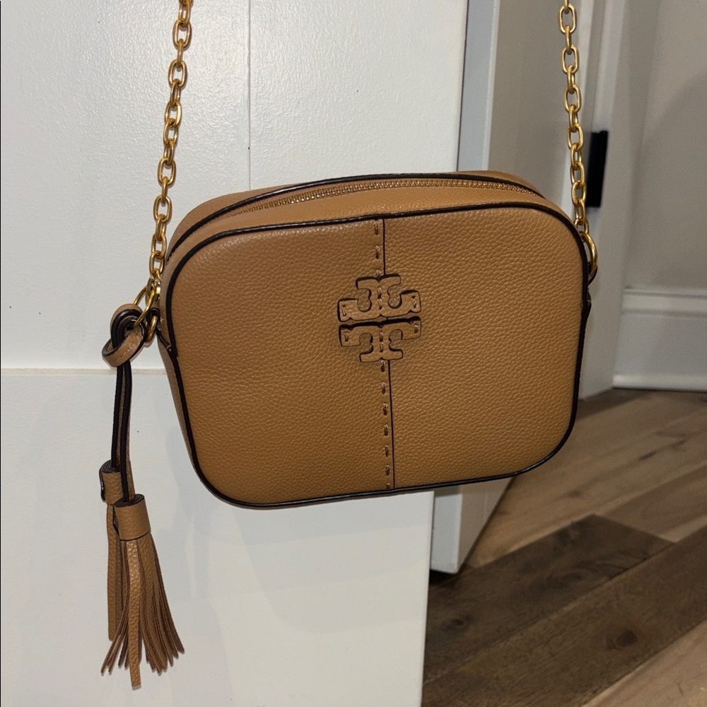 Tory Burch Tan Pebbled Leather Camera Crossbody with Tassel